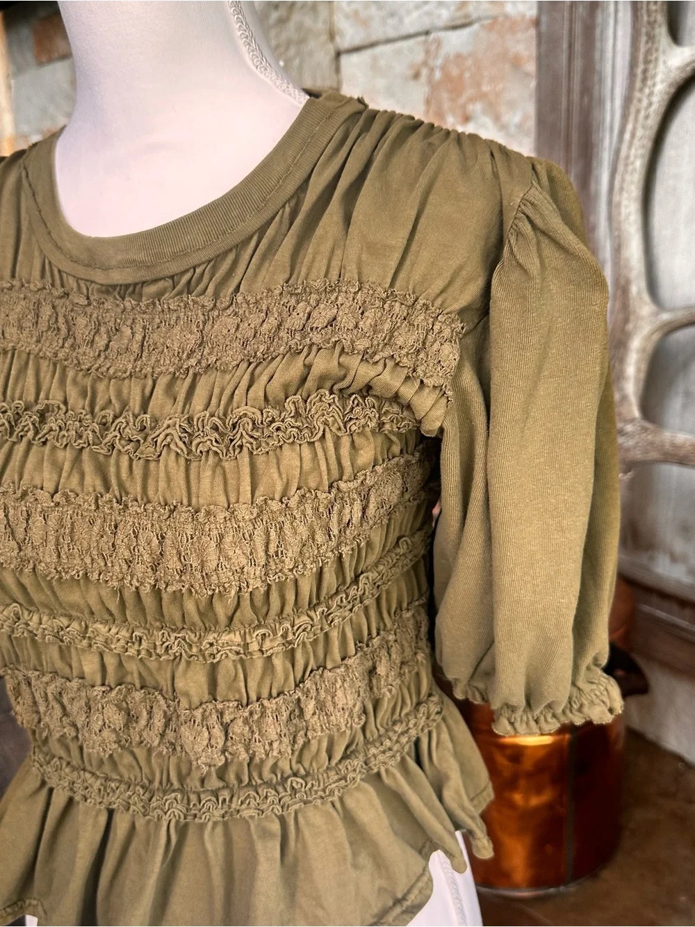 Free People Olive Smocked Long Sleeve Peasant Top Dress